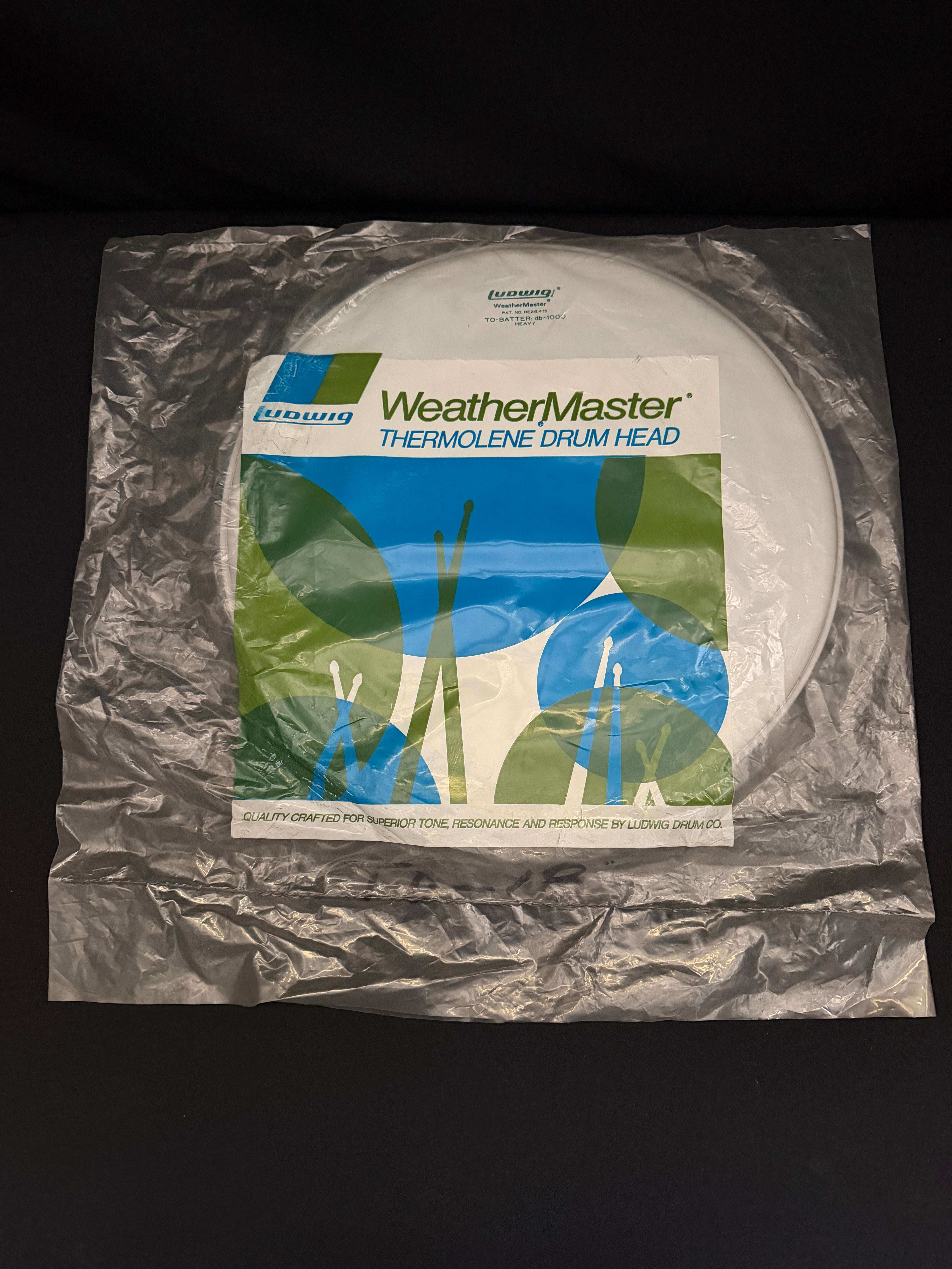 18" Ludwig Heavy DB-1000 Weather Master coated Green Logo drum head NOS from 1970's