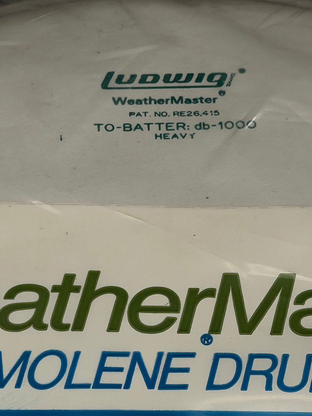 18" Ludwig Heavy DB-1000 Weather Master coated Green Logo drum head NOS from 1970's