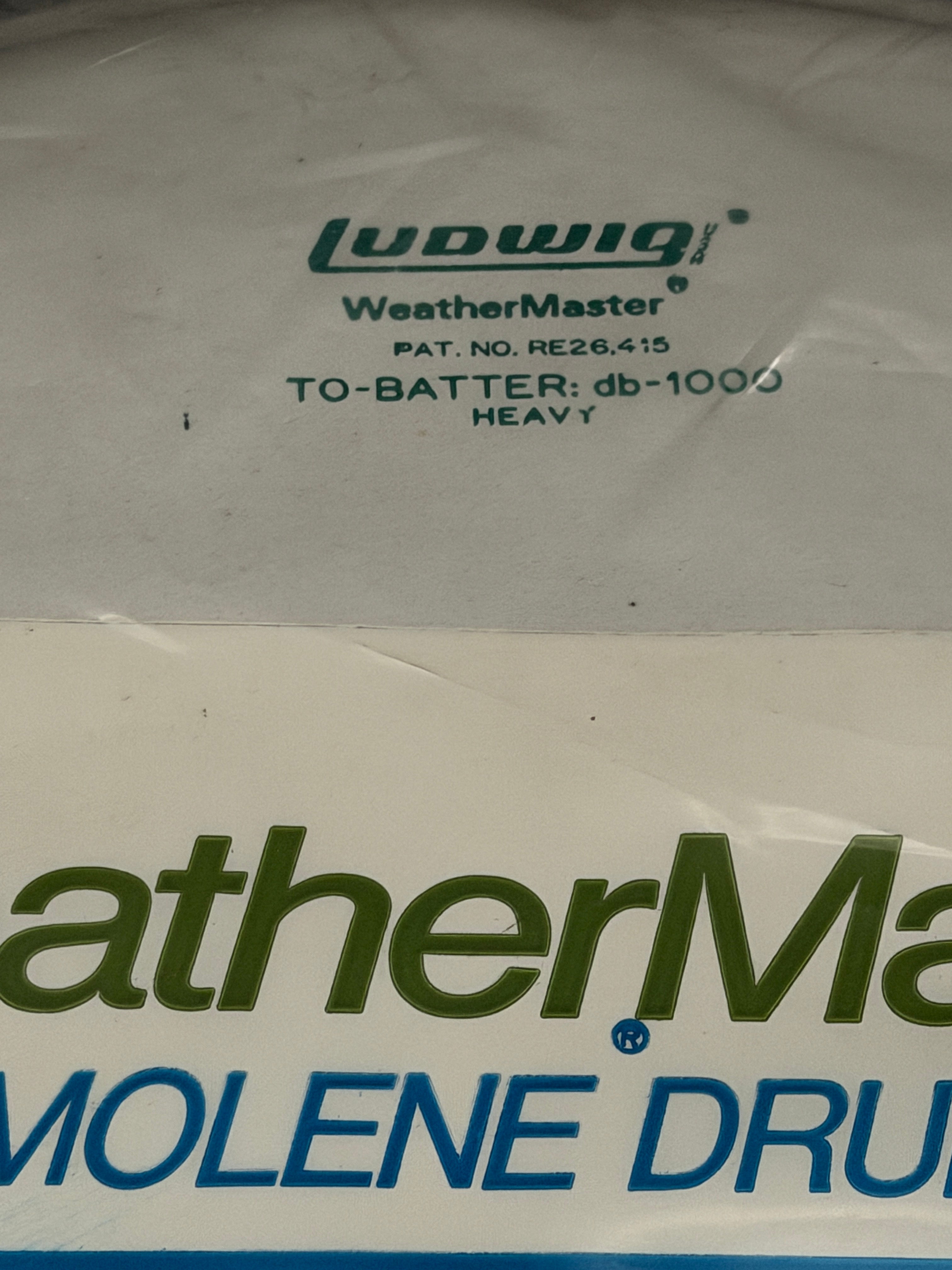 18" Ludwig Heavy DB-1000 Weather Master coated Green Logo drum head NOS from 1970's