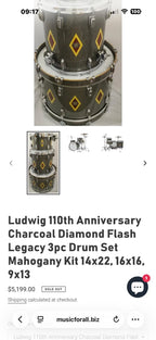 Ludwig 110th Anniversary Legacy Mahogany 22" - 13" - 16"  Charcoal Diamond Flash Inlay