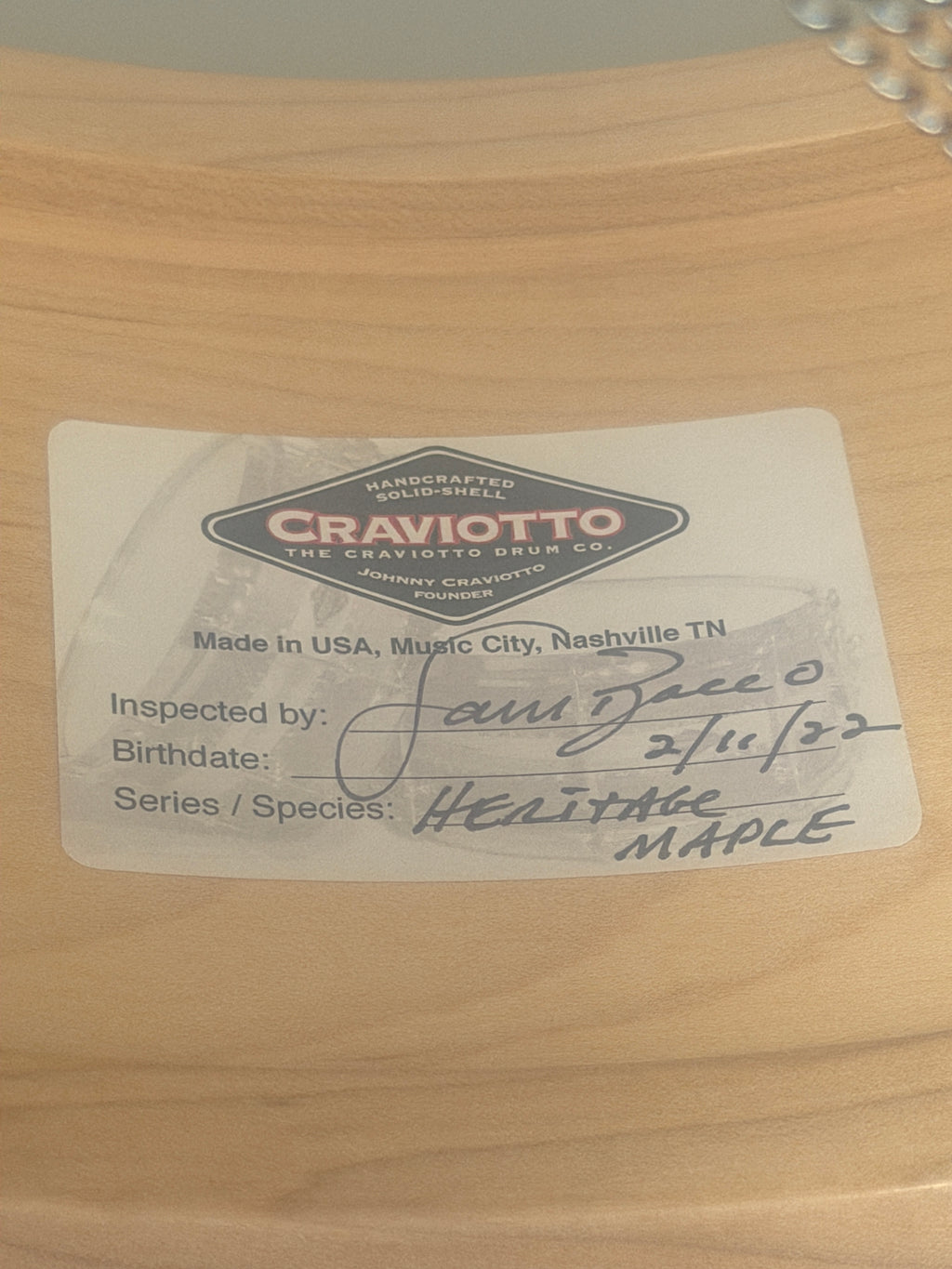 Craviotto 14" x 6" Heritage Maple Series 1-ply Solid Maple Snare Drum