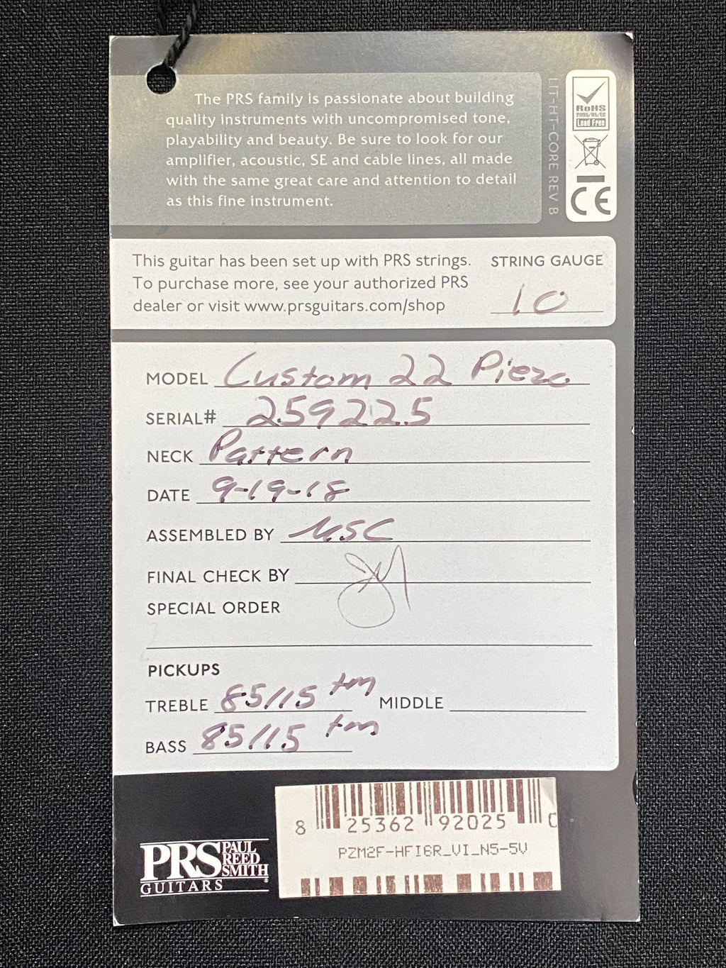 PRS Paul Reed Smith Custom 22 Piezo Violet electric guitar