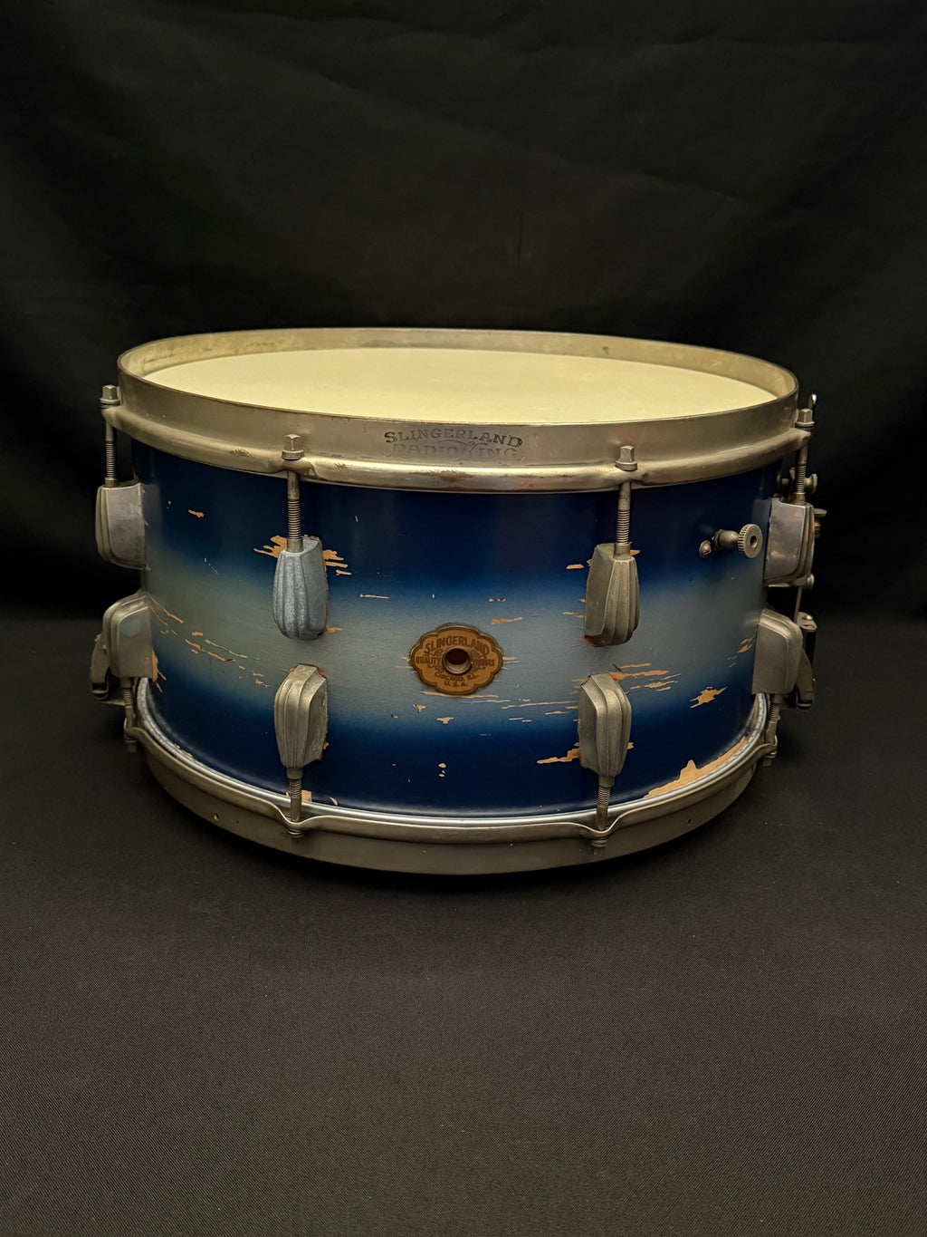 Slingerland Hollywood Ace Swing Radio King model 1-ply snare drum 14" x 7" Duco Blue Silver finish