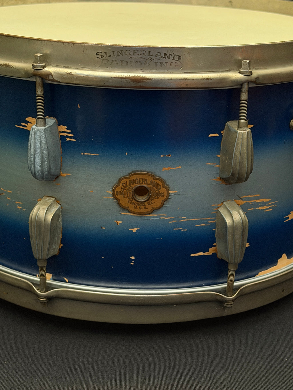 Slingerland Hollywood Ace Swing Radio King model 1-ply snare drum 14" x 7" Duco Blue Silver finish