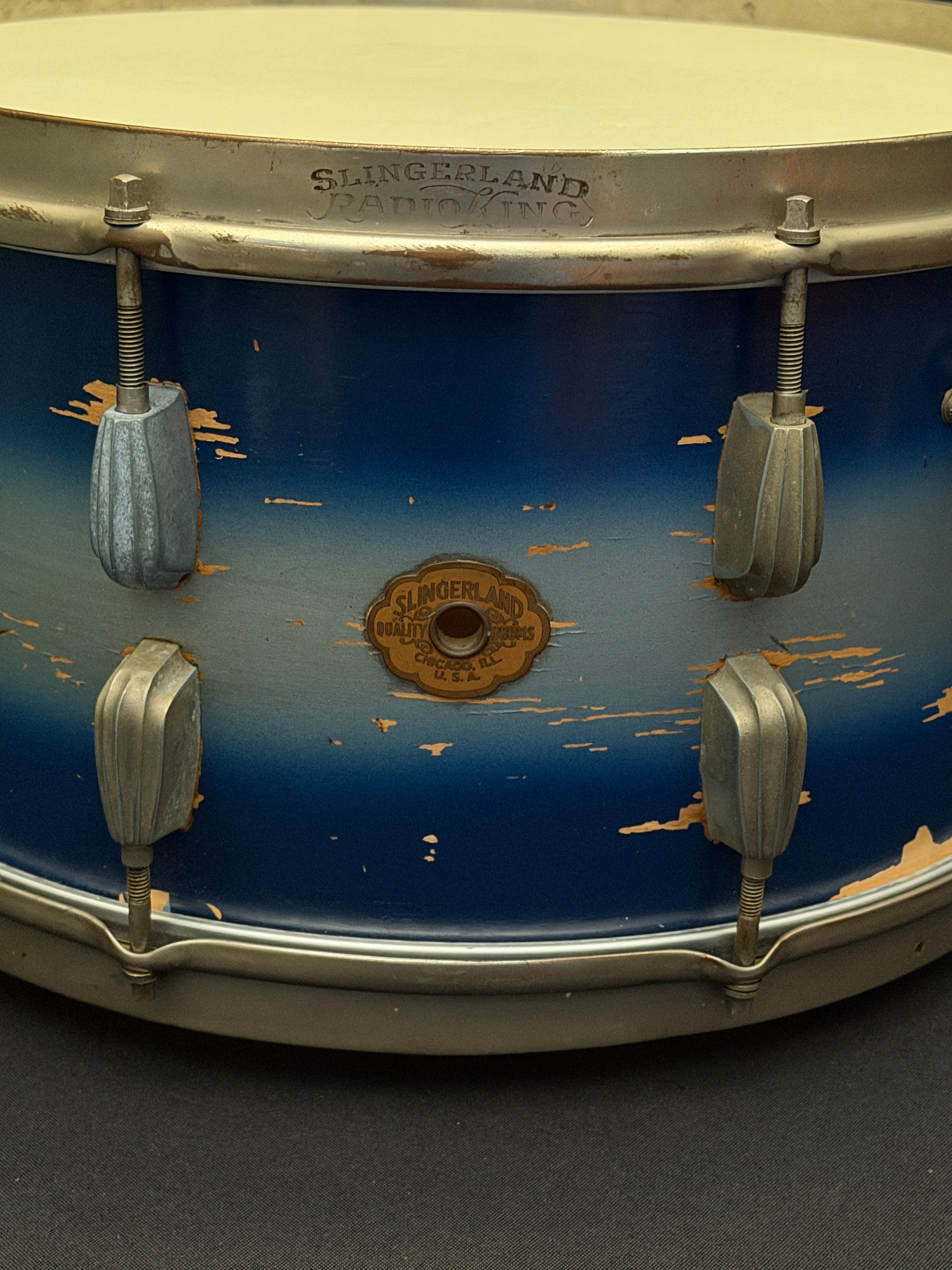 Slingerland Hollywood Ace Swing Radio King model 1-ply snare drum 14" x 7" Duco Blue finish